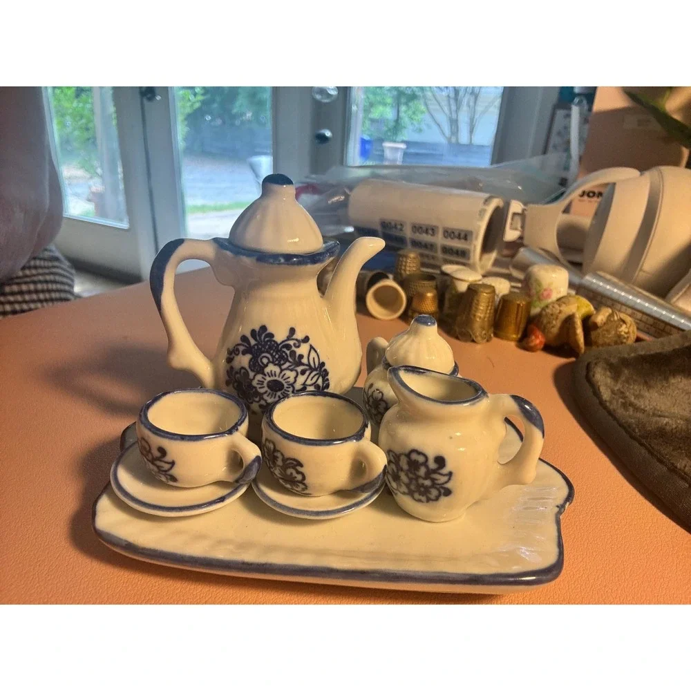 Miniature Porcelain Tea Set Blue White Floral 10pc Handcrafted Dollhouse Decor